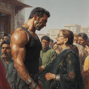 Hyperrealism,sharp painting. a muscular, sweaty criminal man  gr...