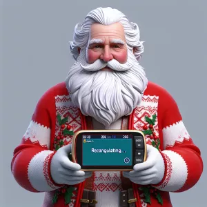 Santa Claus looking confused, holding a GPS that says "Recalcula...