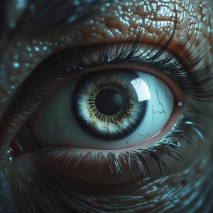 A realistic eyeball with a sharp focus, piercing through the surrounding pitch-black darkness.