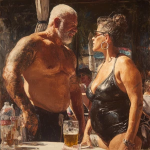 Photo Hyperrealism, painting,a muscular sweaty beefy criminal so...