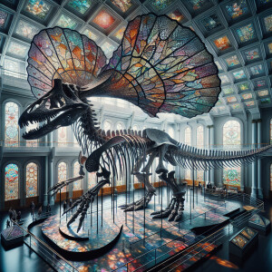 origami stained glass of a large dinosaur fossil intact and on d...