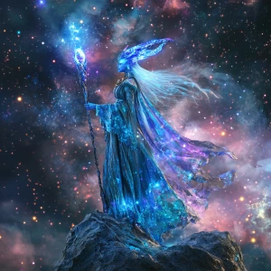 Create a hyper-realistic image of an alien witch with shimmering...