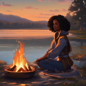 Evening Bonfire by the Lake,Calm, reflective tones with soft, gl...