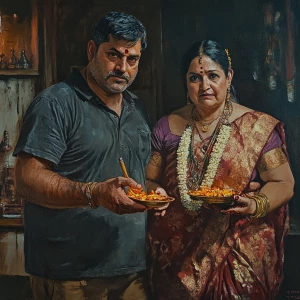 Realistic painting,a muscular beefy ,sweaty criminal celebrating...