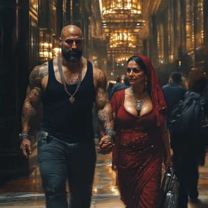 Photorealism,.A sweaty beefy man walking with his 54 year old ka...