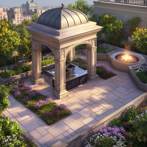 Design a luxurious classic-style rooftop garden that features a...