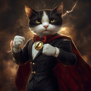 An anthropomorphic tuxedo cat dressed in a fitted flash costume,...