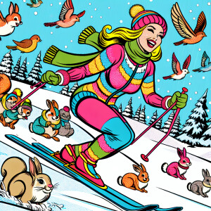 Whimsical winter scenery featuring a blonde woman skiing accompa...