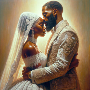 Imagine a hyper-realistic oil painting that captures a tender moment between theAfrican American bride and her God. The setting is intimate and filled with soft, warm lighting that enhances the emotional depth of the scene. The bride, in herexquisite wedding gown, shares a heartfelt embrace with her african-American Lord Jesus , who is dressedin an elegant outfit that complements the wedding's color scheme. Their expressions are full of love, pride, and joy, reflecting the special bond between them. Theattention to detail is paramount, from the intricate designs of their dresses to the subtle emotions conveyed in their facial expressions. The background is a blur ofgentle pastel hues, ensuring that the focus remains on this touching moment. Thispainting should convey the warmth, love, and depth of the relationship, with the rich textures and vibrant strokes characteristic of oil paintings, capturing the essence of this significant pre-wedding moment.