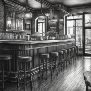 Create a graphite pencil style illstration of a coffee shop