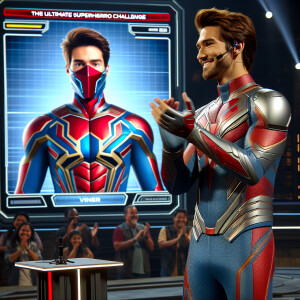 Tony Stark standing on a high-tech platform with a microphone, w...