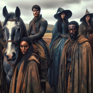 2 men ride on horses, three witches in front of them, realistic,...