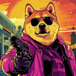 MEME DOGE, robs a bank, in the style of a Grand Theft Auto loadi...
