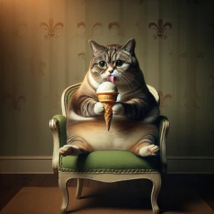 A cat sitting relaxed on a vintage sage green chair, and licking...