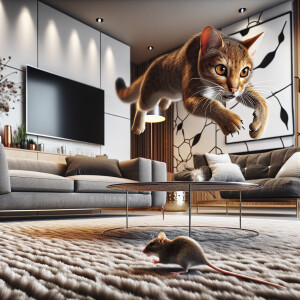 A cat chasing a mouse in a modern living room