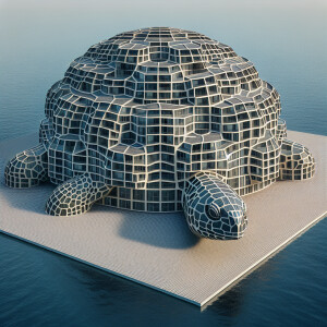 Mimetic turtle shaped building with windows