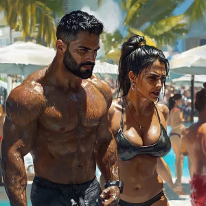 realism art style,a muscular beefy sweaty man  walking with his...