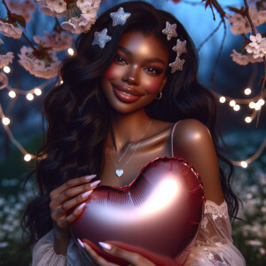 In a whimsical garden at twilight, a light-skinned African Ameri...