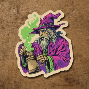 Create a sticker for hand-drawn wizard brewing coffee, fun bold...