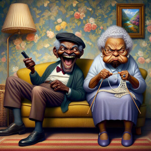 Digital art, a stylized African-American elderly couple wearing...