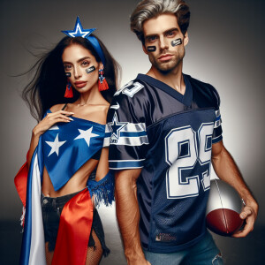 Create an image of a man and woman standing side by side, both w...