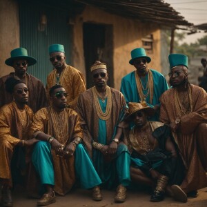 A gang of Nigerian mafia, adorned with culturistic outfits and v...