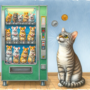 The scene is of a vending machine filled with mice. A cat is out...