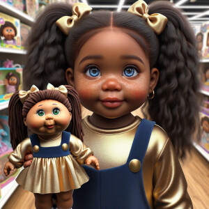 Create a 3-D image of an african-American little girl inside of a medium size, toy store. The little girl has thick long, ponytails and huge blue eyes. She has on a gold and blue jumpsuit with matching bows, She is playing with her favorite african-American cabbage patch doll, the doll has deep, dimples, and freckles and looks just like her