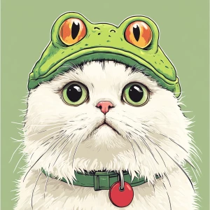 A white cat with a fluffy coat, sporting a whimsical green frog...