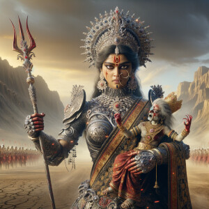 Create a cinematic 8K resolution portrait of a powerful, muscular goddess Durga of Indian mythology. She has an intense gaze, carries a frail evil figure in her arms, and is striking him with her crimson dagger-like fingernails. She is adorned in stunning attire that includes a saree, armor, a grand crown, and an abundance of jewelry, every piece sparkling as if made from diamonds. The scene is set in a barren, arid landscape that heightens the dramatic tension. There is a poignant aftermath of the confrontation, signified by the hint of red scattered around. Pay extra attention to the ultra-detailed depiction of her majestic visage and overall grandeur reminiscent of an epic.