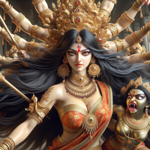 Portrait of gorgeous and angry goddess durga slaying mahishasur....
