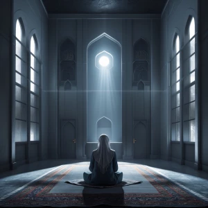 a desperate woman in hijab Inside a dim masjid, she sits alone i...