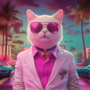 A pastel-colored Shiba cat in a Miami Vice outfit – white suit,...