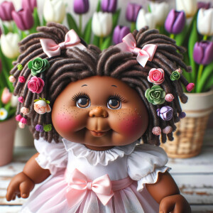 African-American cabbage patch doll with huge dimples,
Her hair...