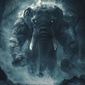 In a mystical ancient forest, a colossal gray elephant begins a...