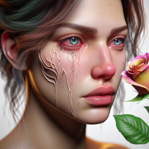 A young woman shedding tears that transform into a rose as they...