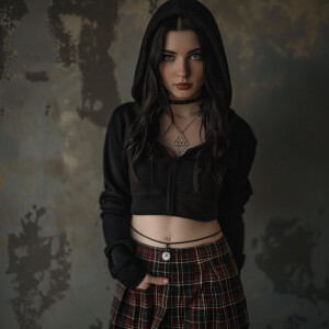 Photo of fair skinned woman with dark hair, round bust wearing p...