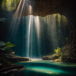Beautiful waterfall in a cenote, light rays, god rays, deep shad...