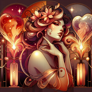 An Art Nouveau illustration of a beautiful Love Goddess,, two go...