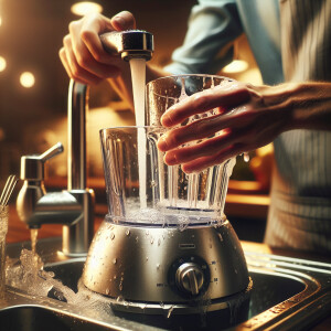 scene showing someone washing a simple glass and blender