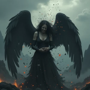 Ominous scene depicting an obsidian-skinned female angel writhin...