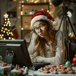 Photorealistic image. Woman making YouTube video of herself, mak...