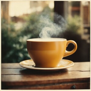 Detailed close-up of a steaming hot latte in a ceramic cup, plac...
