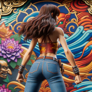 Attractive, Asian teenage girl, long brown hair and bangs, wearing tight skinny jeans and a halter top paint marks on her clothing, backside view heroic pose Asian graffiti