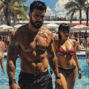 Realism,sharp detailed art,a man muscular beefy sweaty walking w...