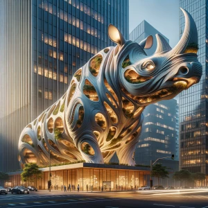 Create a 3D image of a building designed in the shape of a rhin...