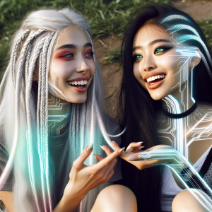 Depict two girls, one with long white hair and two braided braid...