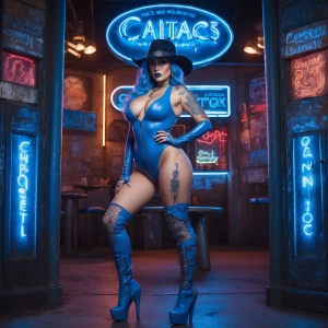 Curvy digital artwork of a country queen in a blue leather bodys...