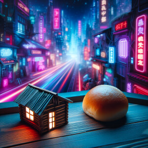 The bun is lying on the windowsill of the hut
