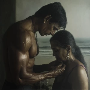 hyperRealism painting.a muscular sweaty indian employer man cari...